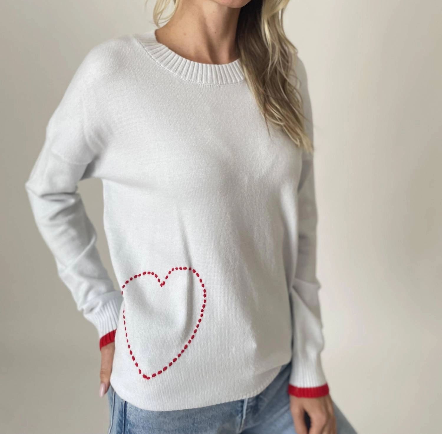 Flexible Ribbed Trim Pookie Heart Sweater In Light Blue