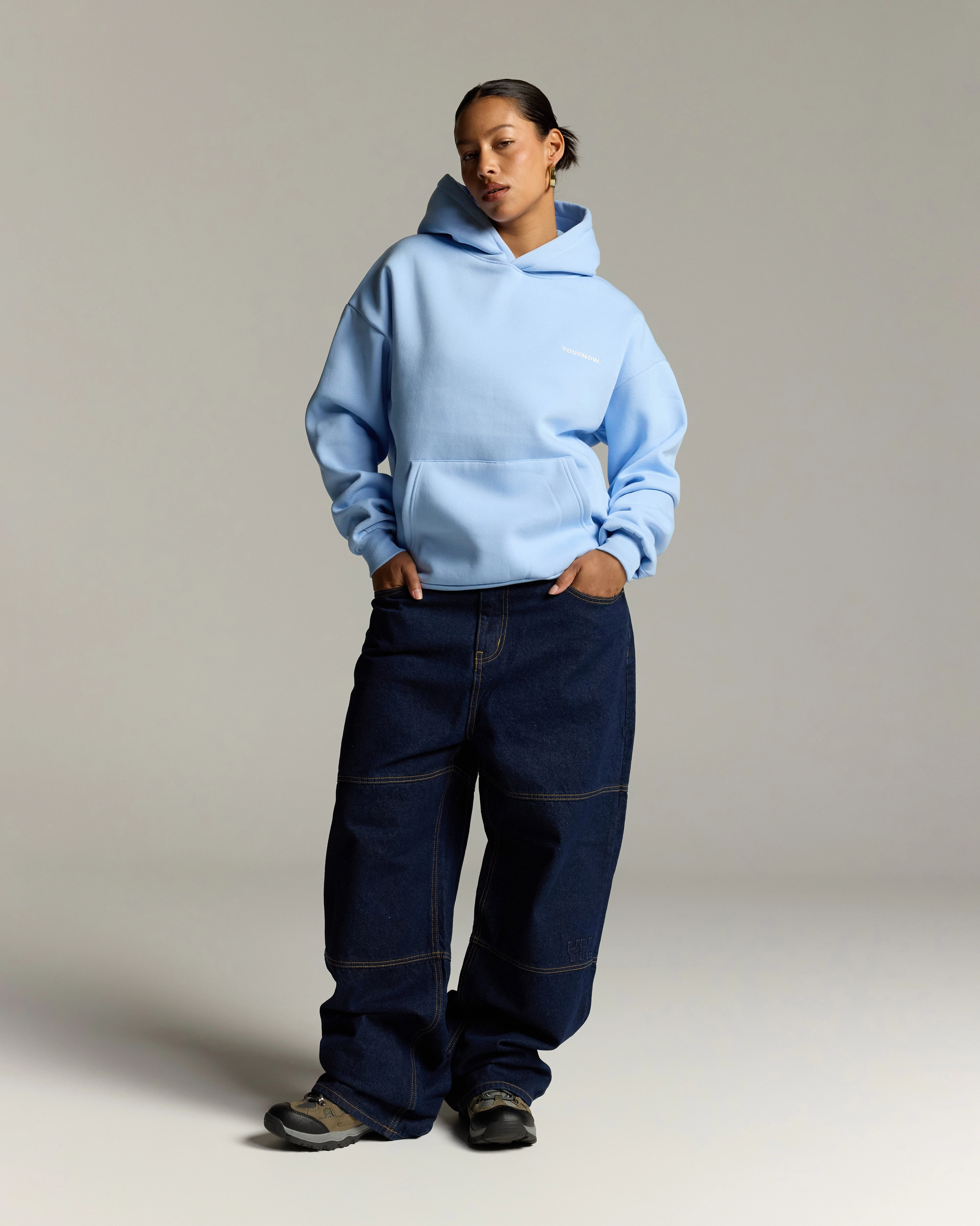Rib Knit Hem Core Standard Hoodie | Baby Blue