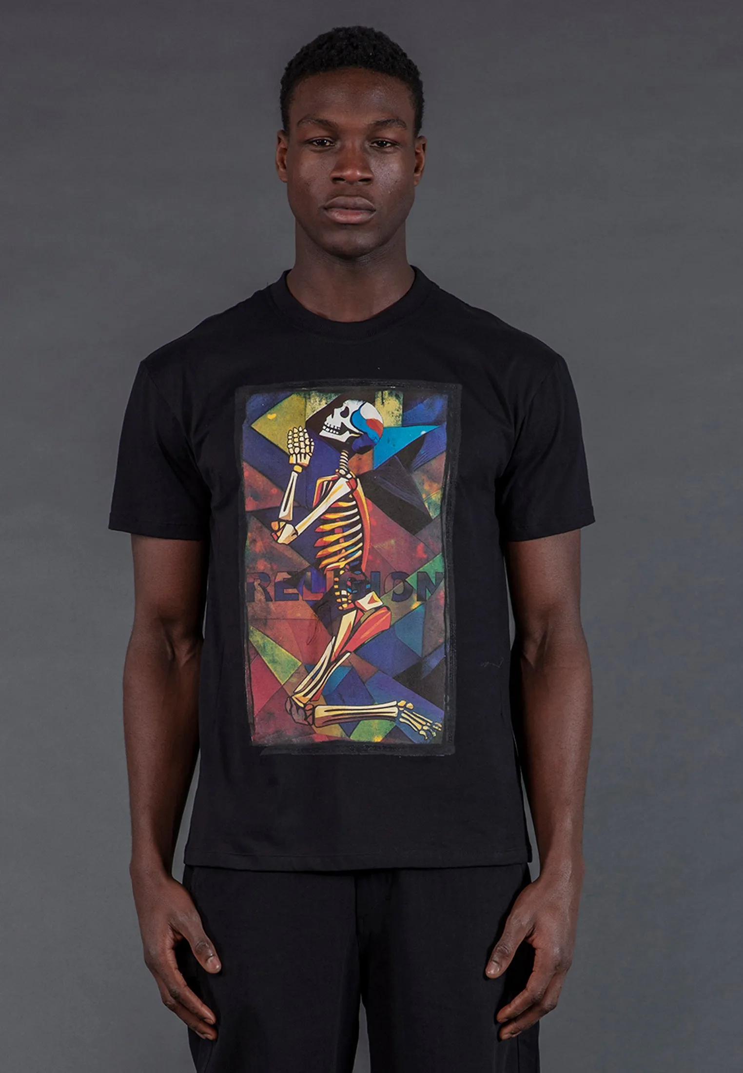 Job Interview Fur combination PRAYING SKELETON CUBISM T-SHIRT BLACK