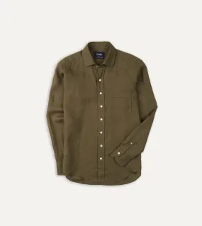 Khaki Green Linen Spread Collar Shirt Minimalist Style Vintage Wash