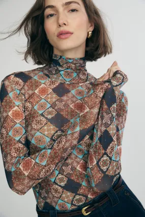 Outdoor Layer Print micro mesh turtleneck