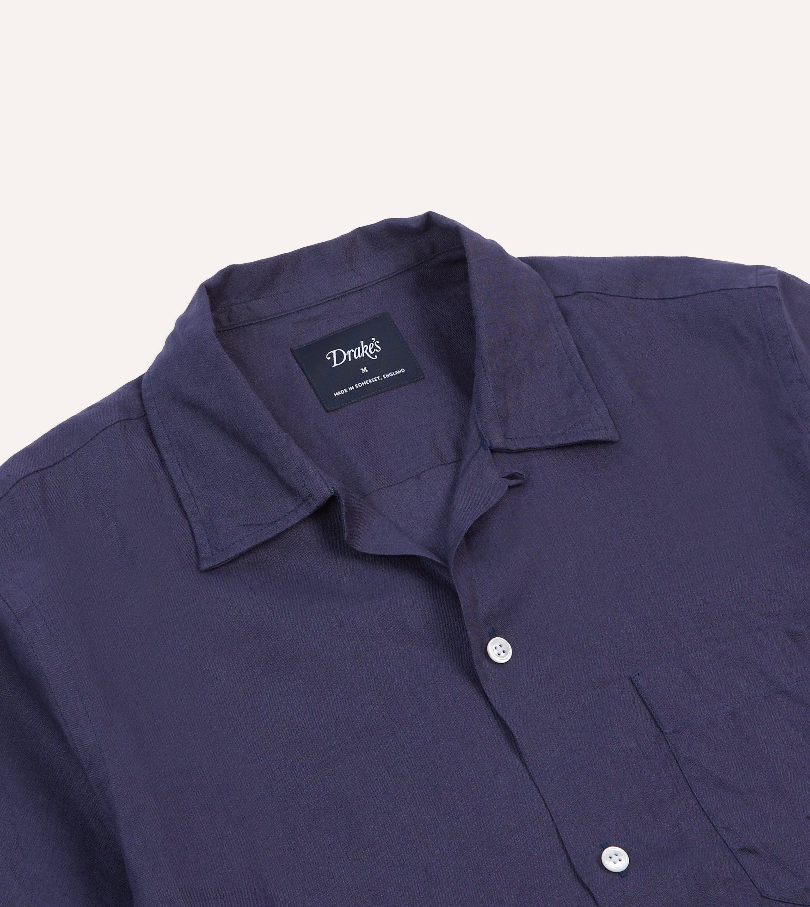 Anti Pill Treatment Ergonomic Back Panel Navy Linen Camp Collar Short Sleeve Shirt