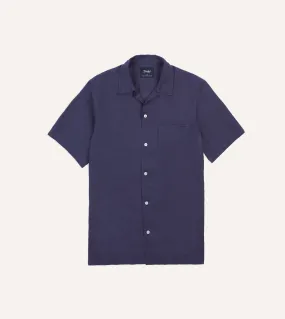 Minimalist Design Navy Linen Camp Collar Short Sleeve Shirt