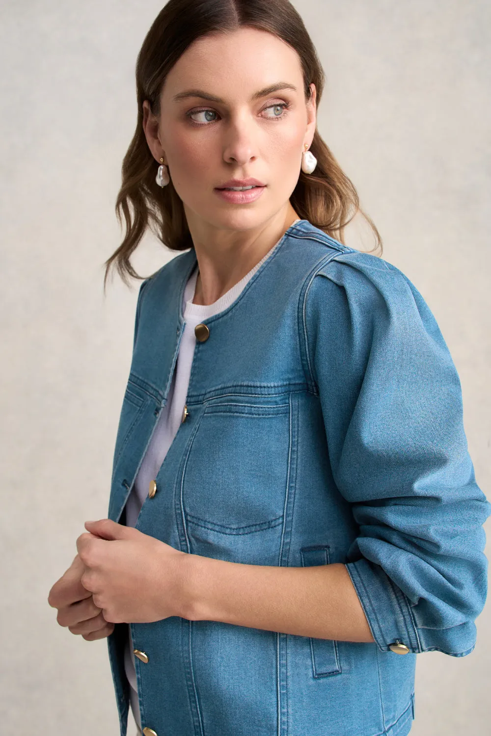 Puff Sleeve Denim Jacket- Mid Denim Blue Simple Detail