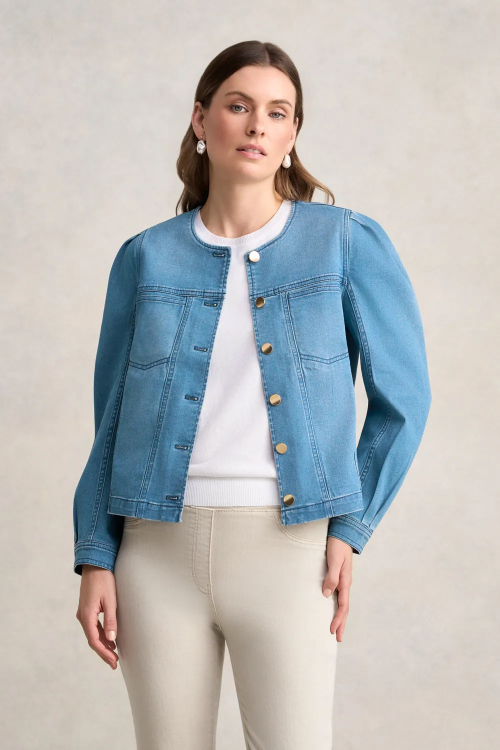 Weather Friendly Versatile Style Puff Sleeve Denim Jacket- Mid Denim Blue