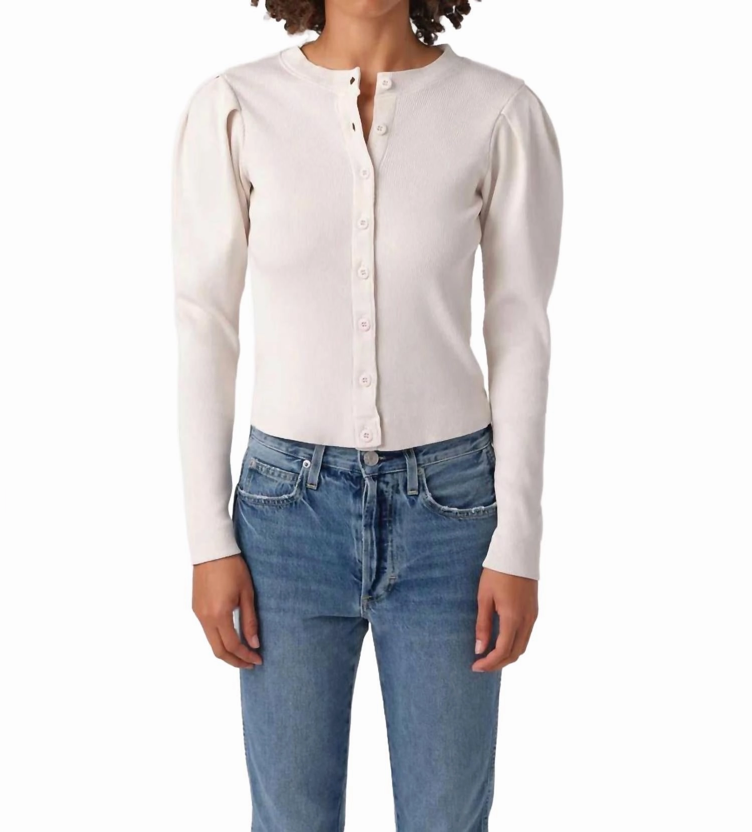 Puff Sleeve Cardigan In Off White Smart Look Modern Knit
