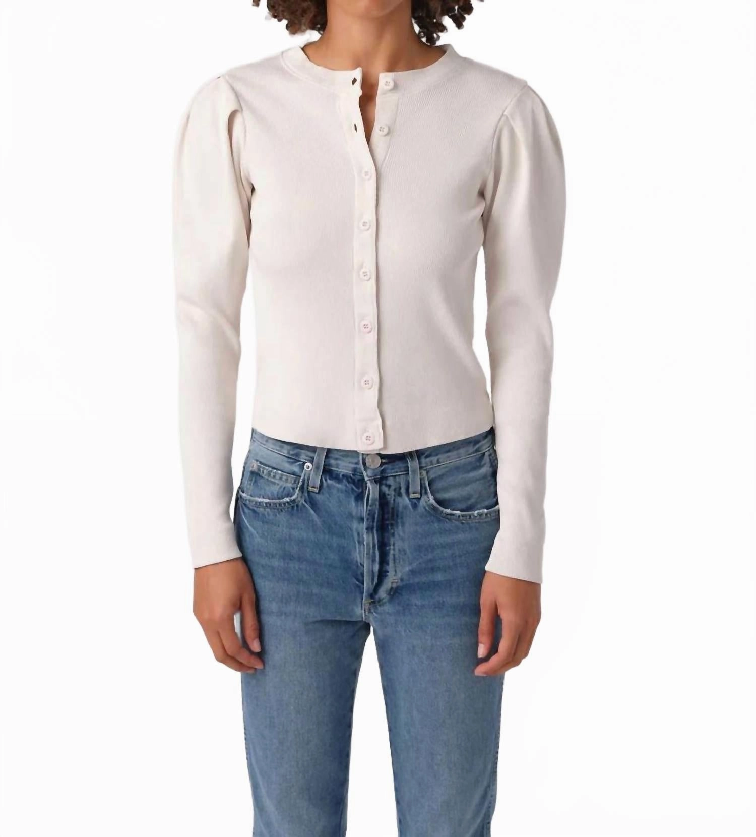 Knit Design Wear Luxury Fiber Blend Puff Sleeve Cardigan In Off White