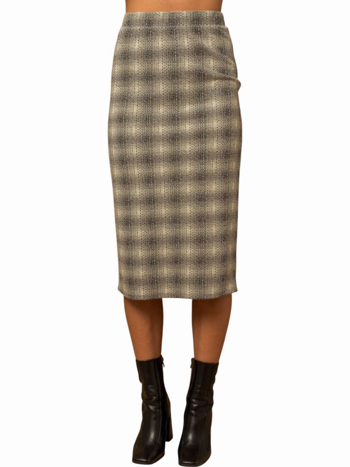 Elastic Waist Back Slit Plaid Midi Skirt In Black/ivory Plaid Anti Pilling Treatment Evening Outing