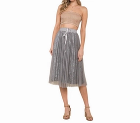 Front Slit Pull On Mesh Skirt In Silver