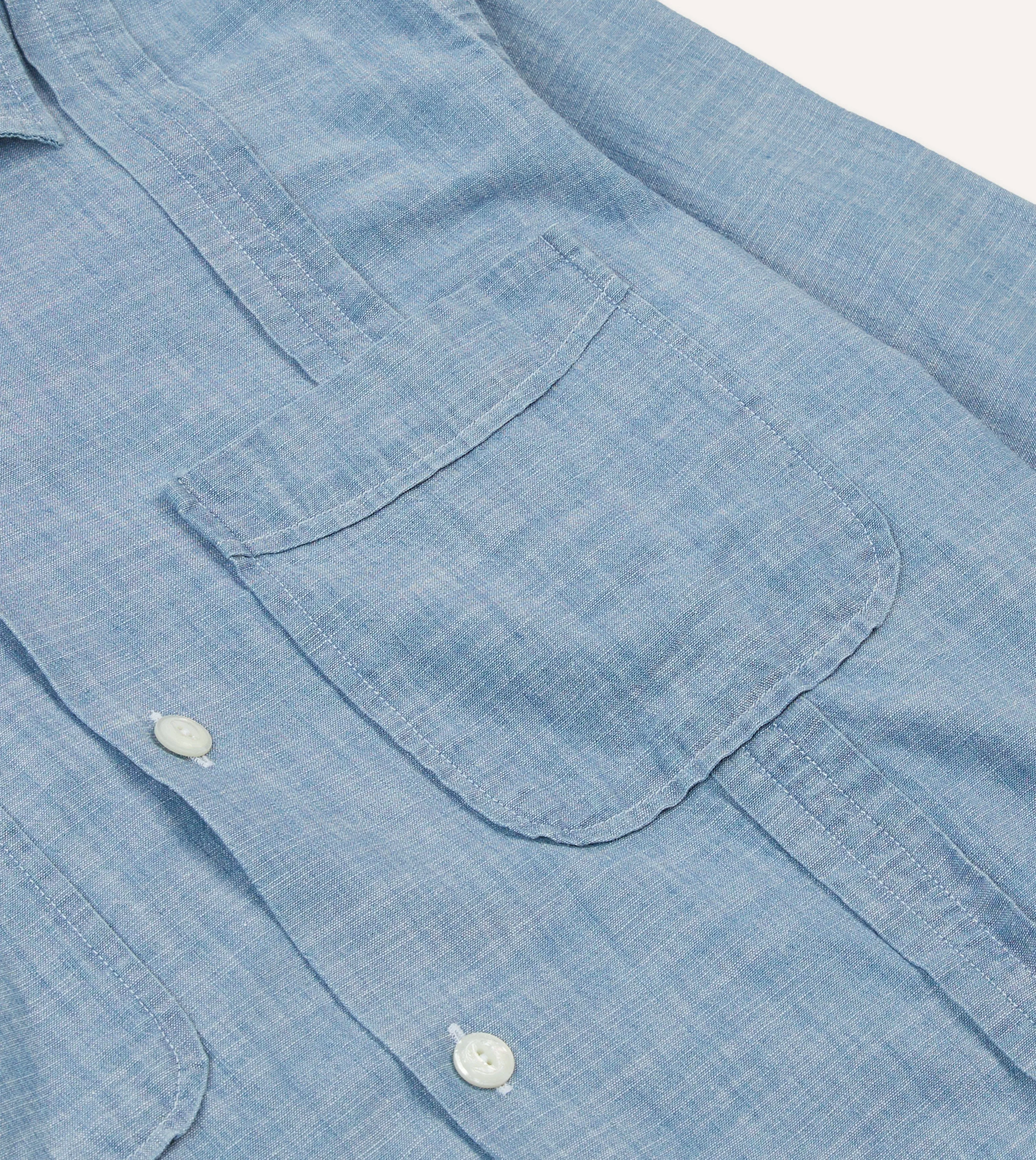 Smooth Zipper Design Double Stitched Hems Bleach Wash Chambray Cotton Long Sleeve Cuban Shirt