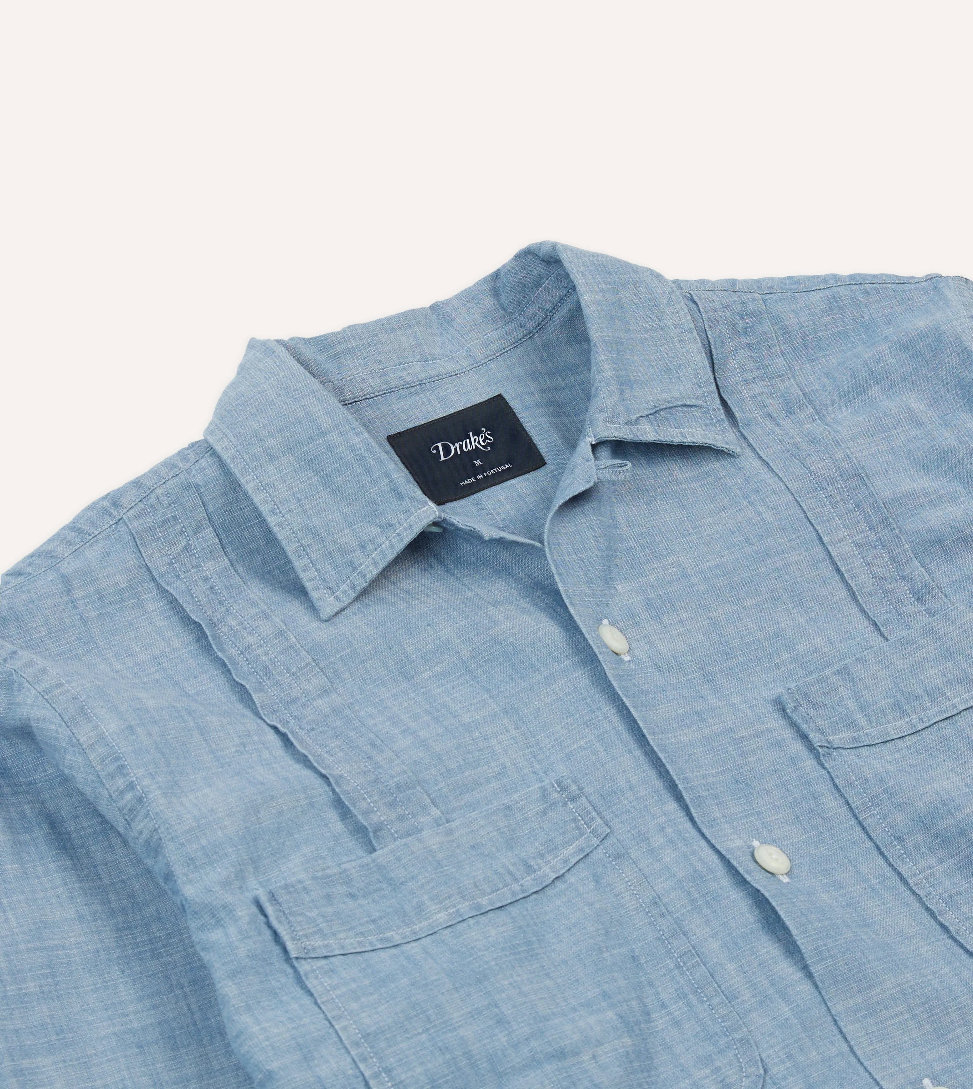 Bleach Wash Chambray Cotton Long Sleeve Cuban Shirt Party Ready Travel Friendly