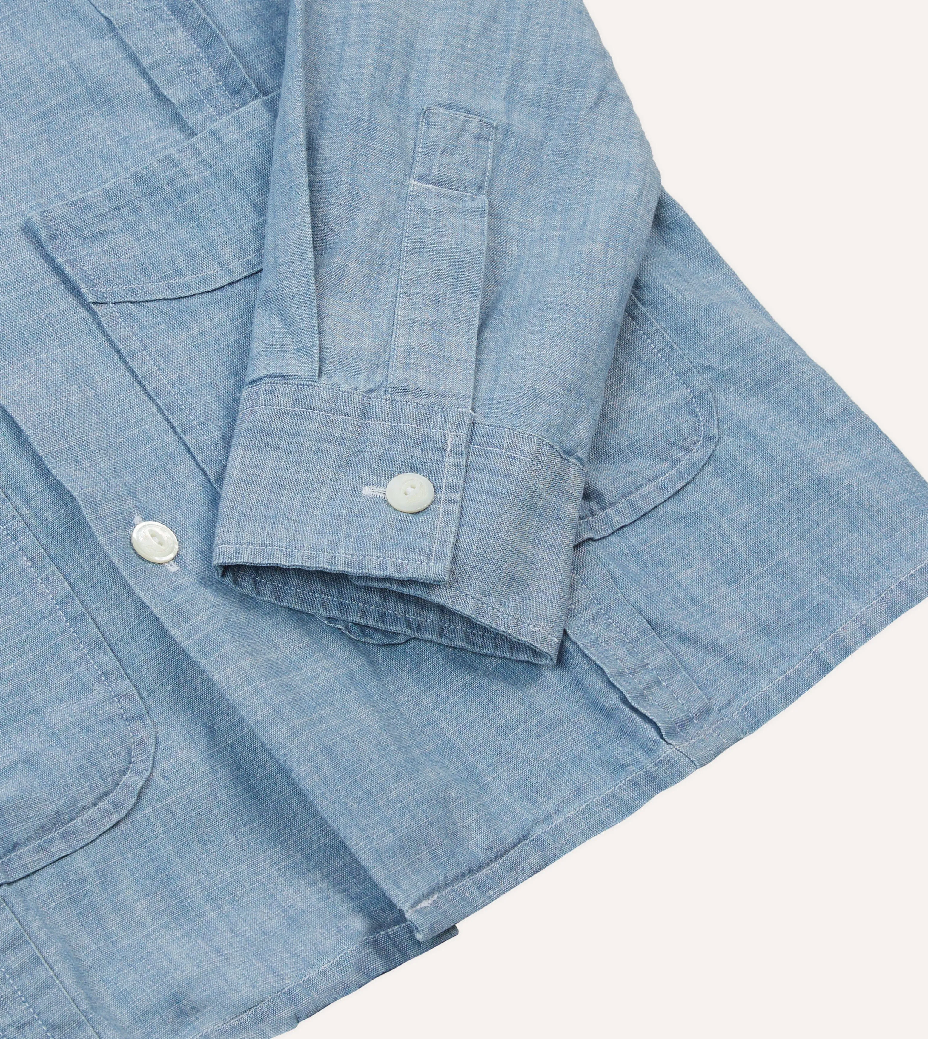 Bleach Wash Chambray Cotton Long Sleeve Cuban Shirt Non-irritating Sports Ready