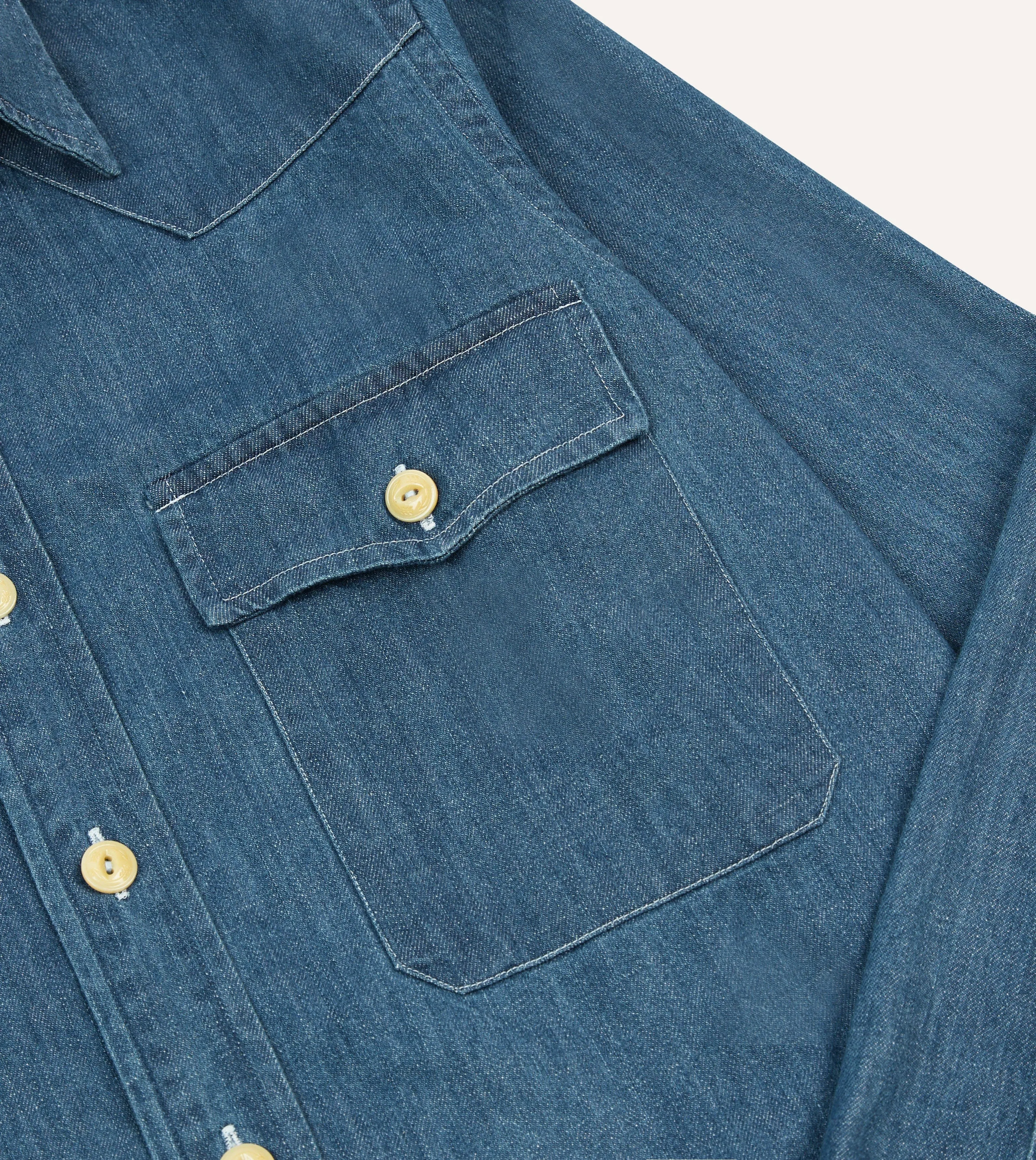 Stone Wash Denim Two-Pocket Western Shirt Laser Cut Edge Detail Structured Shoulder Support