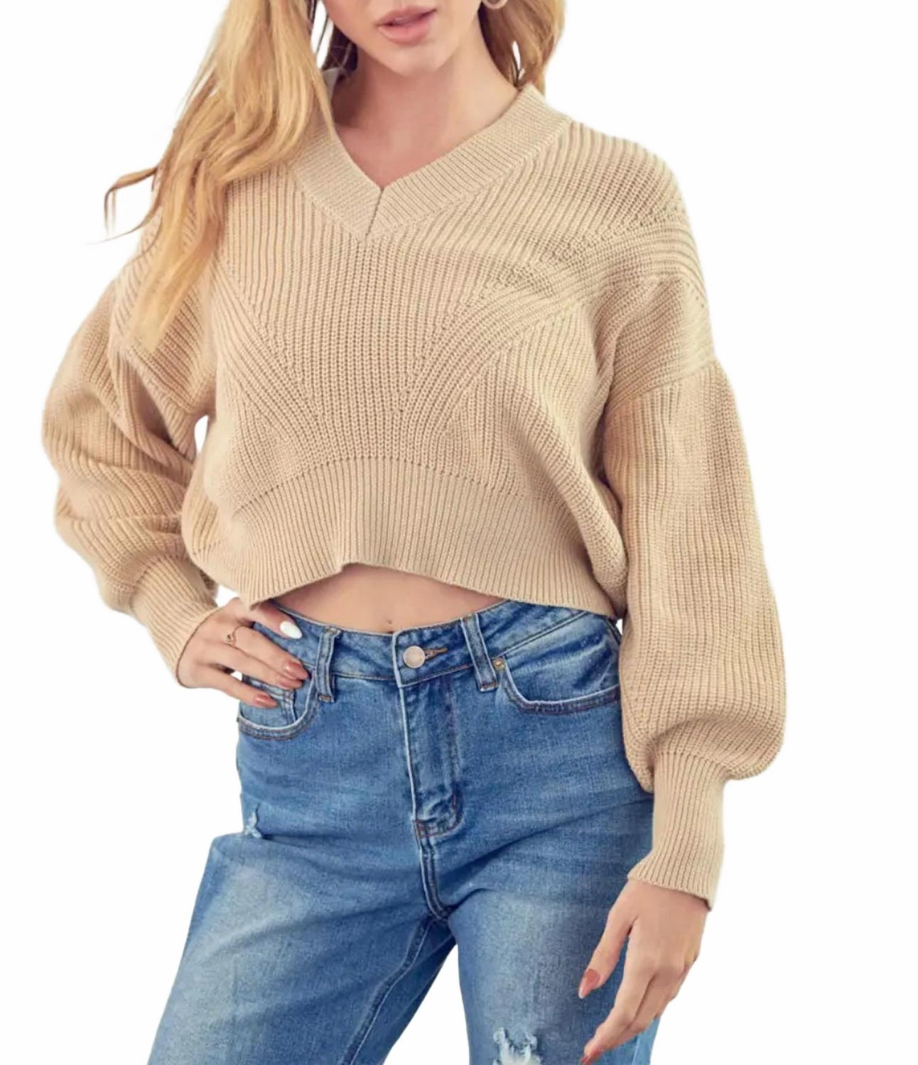 Cropped Ribbed-Knit Sweater In Warm Taupe Knitted Comfort