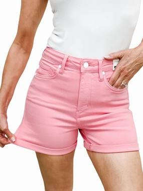 Playful Look High Rise Tummy Control Garment Dyed Shorts In Pink