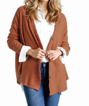 Fashionable Layer Winter Ready Wear Waffle Knit Cardigan In Ginger