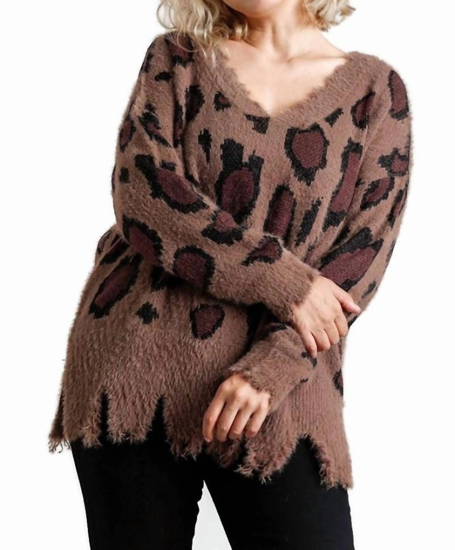 Fuzzy Leopard Sweater In Mocha Cold-Weather Ready