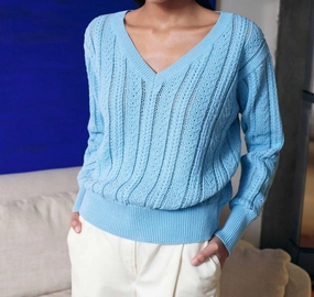Recycled Cotton Open Cable V-Neck Sweater In Sky Blue Cozy Warm Layer