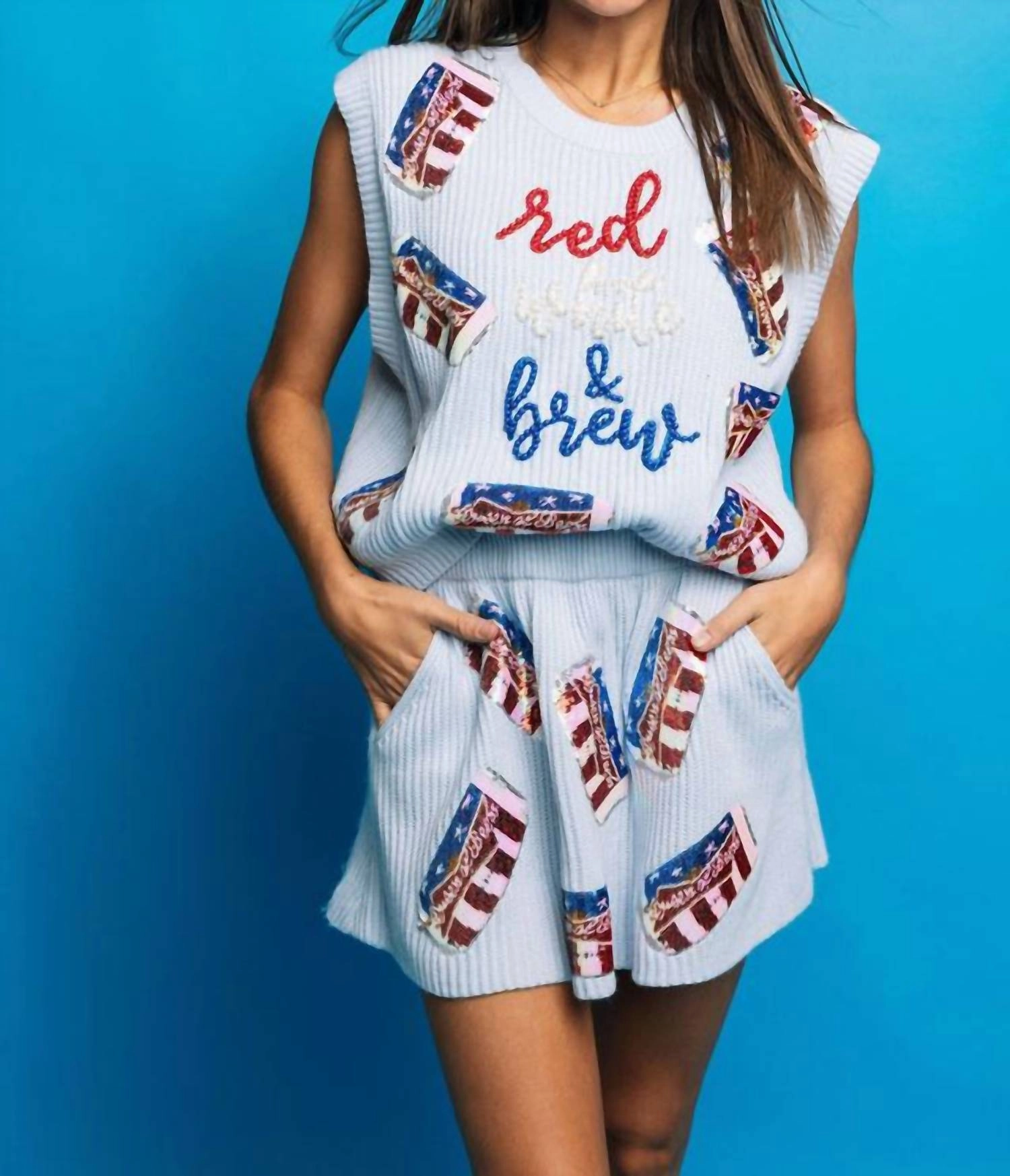 Red, White And Brew Sweater Vest In Blue Warm Knit Winter Ready Outfit
