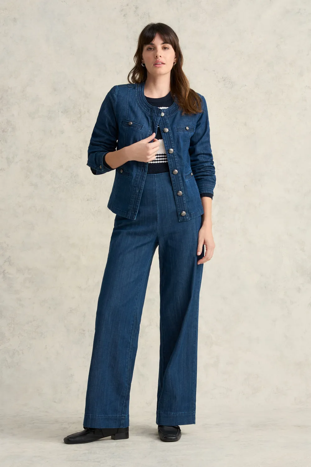 Convertible Style Stitch Detail Denim Jacket - Mid Blue Denim