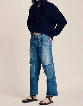 V-Neck Cable Sweater In Navy Relaxed Comfort Layering Knit