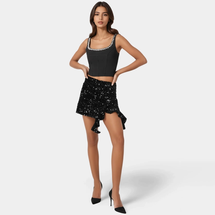 Comfort Fit Fast fashion Women's Mini Sequin Ruffle Slit Skort