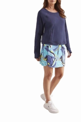 Slimming Effect City Look Printed Pull On Skort With Rounded Hem In Jet Blue