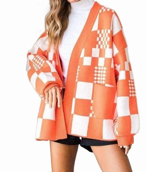 Compact Travel Design Checkered Color Block Open Midi Sweater With Pockets In Orange