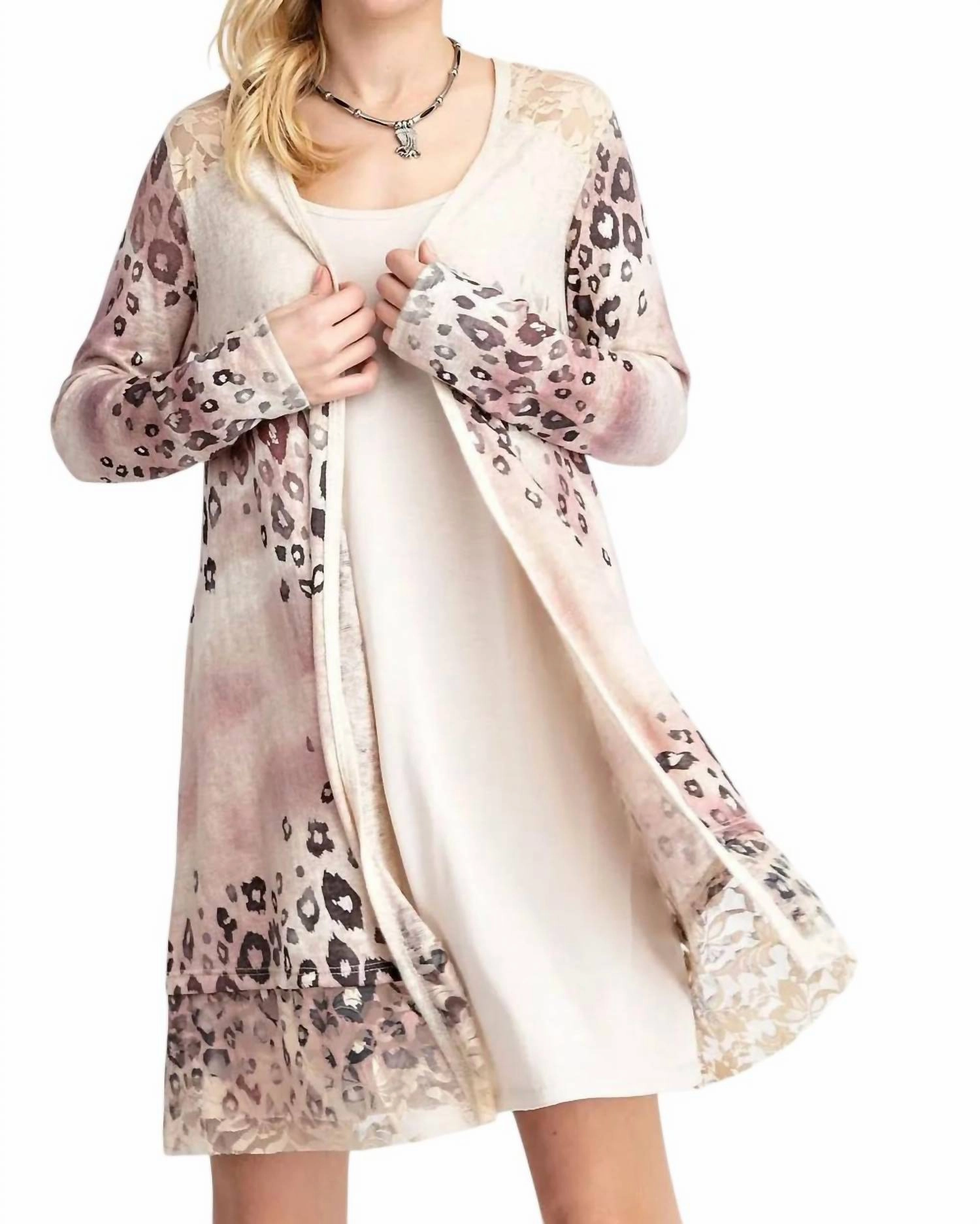 Leopard Cardigan With Lace Detail In Multi Knit Outfit
