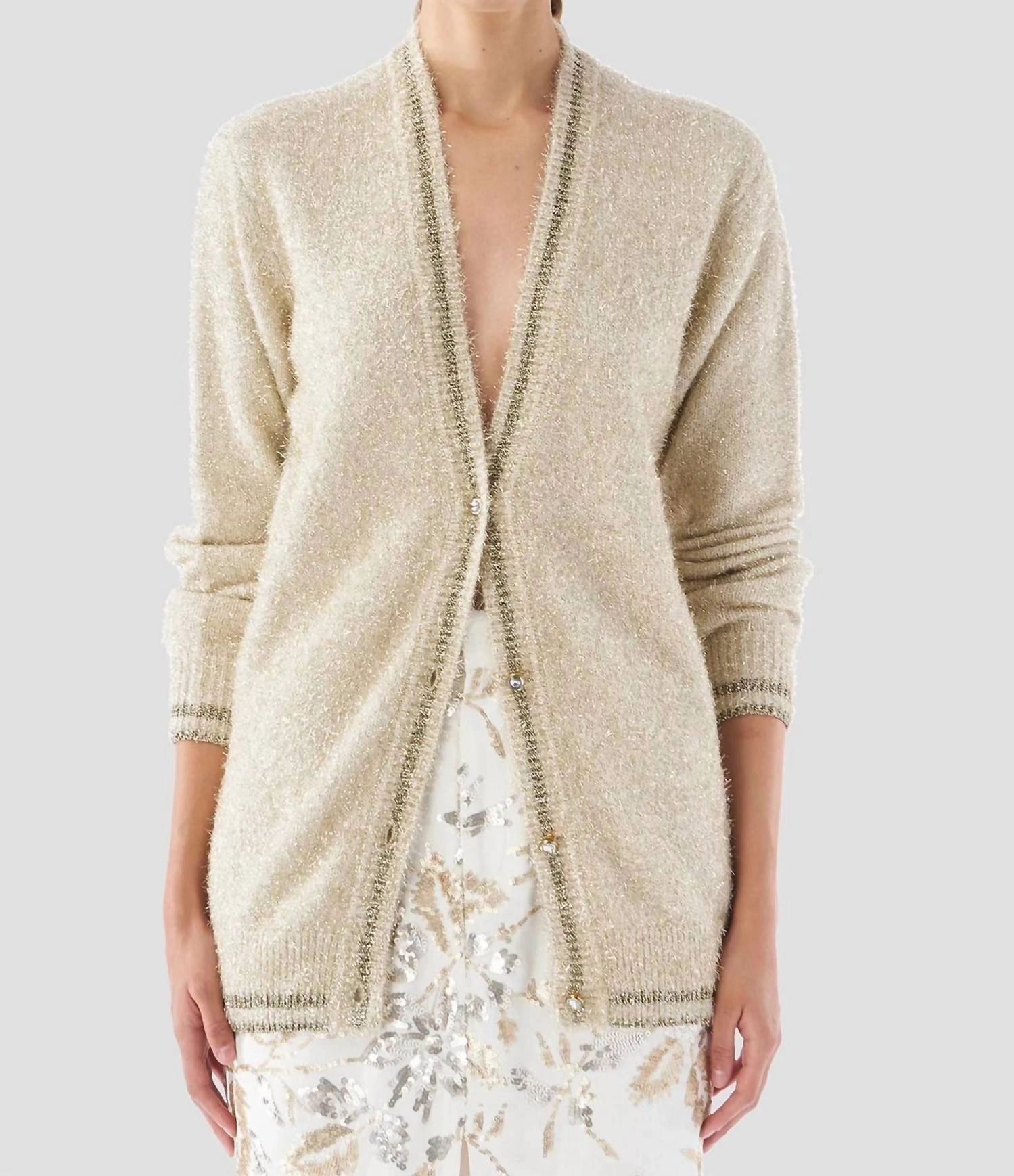 Temperature Regulating Fabric Warm Layers Celestial Knit Cardigan In Gold Tinsel