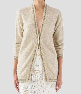 Temperature Regulating Fabric Warm Layers Celestial Knit Cardigan In Gold Tinsel
