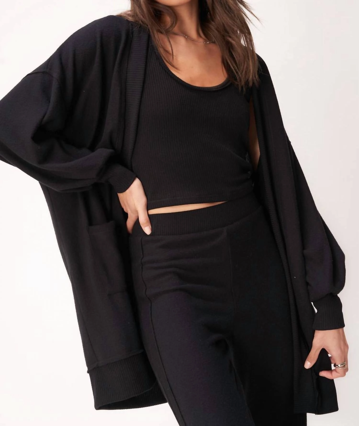 Just Relax Cozy Seamed Cardigan In Black Luxury Fiber Blend Seasonal Warmth