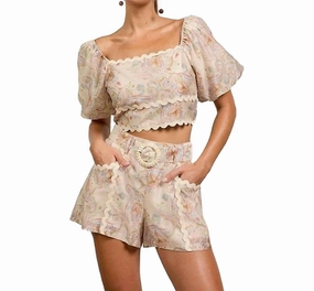Paisley Print High Waited Belted Shorts In Cream/multi Fitness Look Zero Bulk Packaging