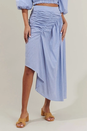 Abstract Motif Travel Influence Sammy Striped Belen Ruched Midi Skirt In Blue