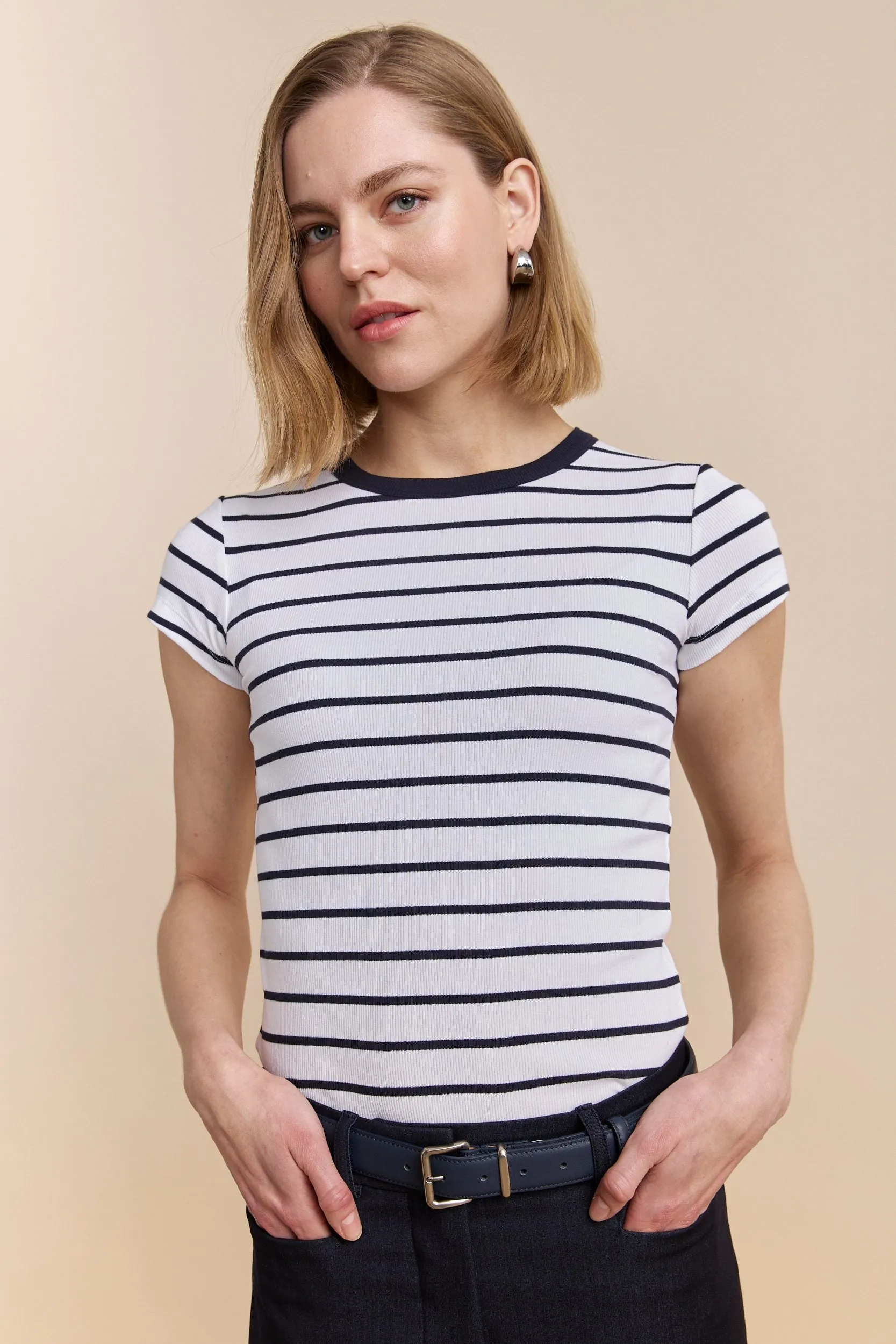 Striped ribbed t-shirt with crew neck Stylish and Easygoing Active Trend Look