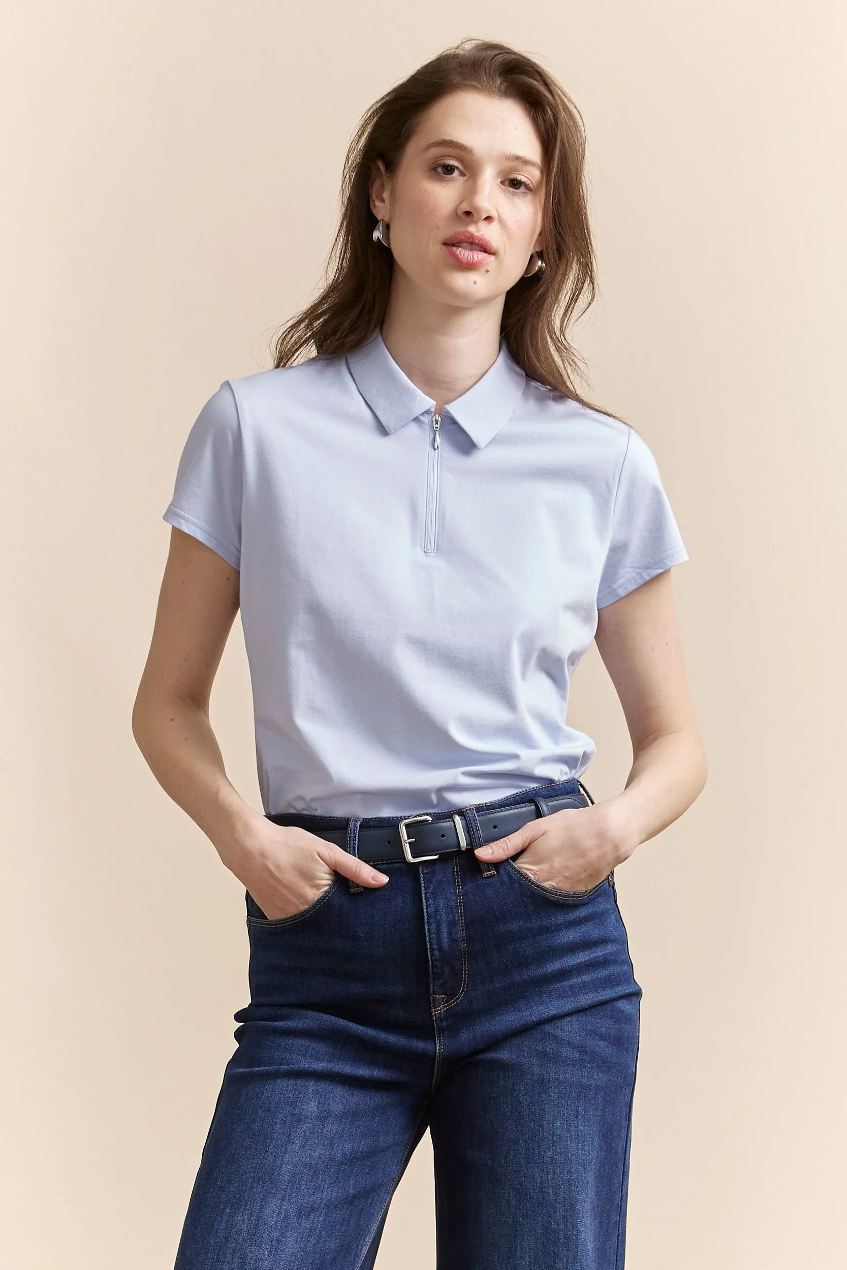 Trendy Style Zip-up polo collar T-shirt