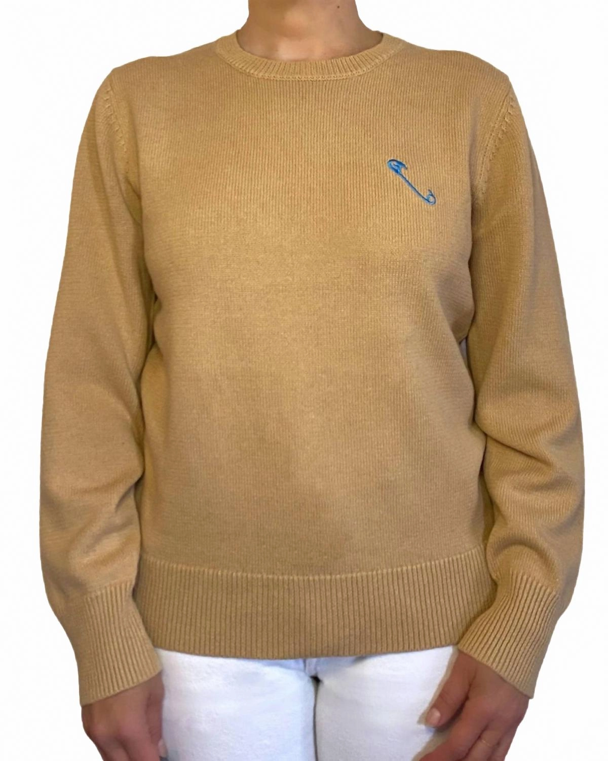 Safety Pin Sweater In Caramel/cyan Casual Warmth
