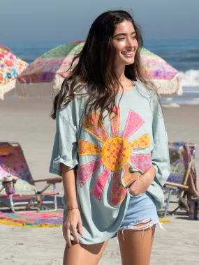 BreathableMeshLining All-day Comfort Oversized Cotton Applique Tee - Bay Sunshine