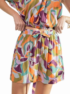 Retro Vibe Print Drawstring Shorts In Multi Color Static Resistant Fibers