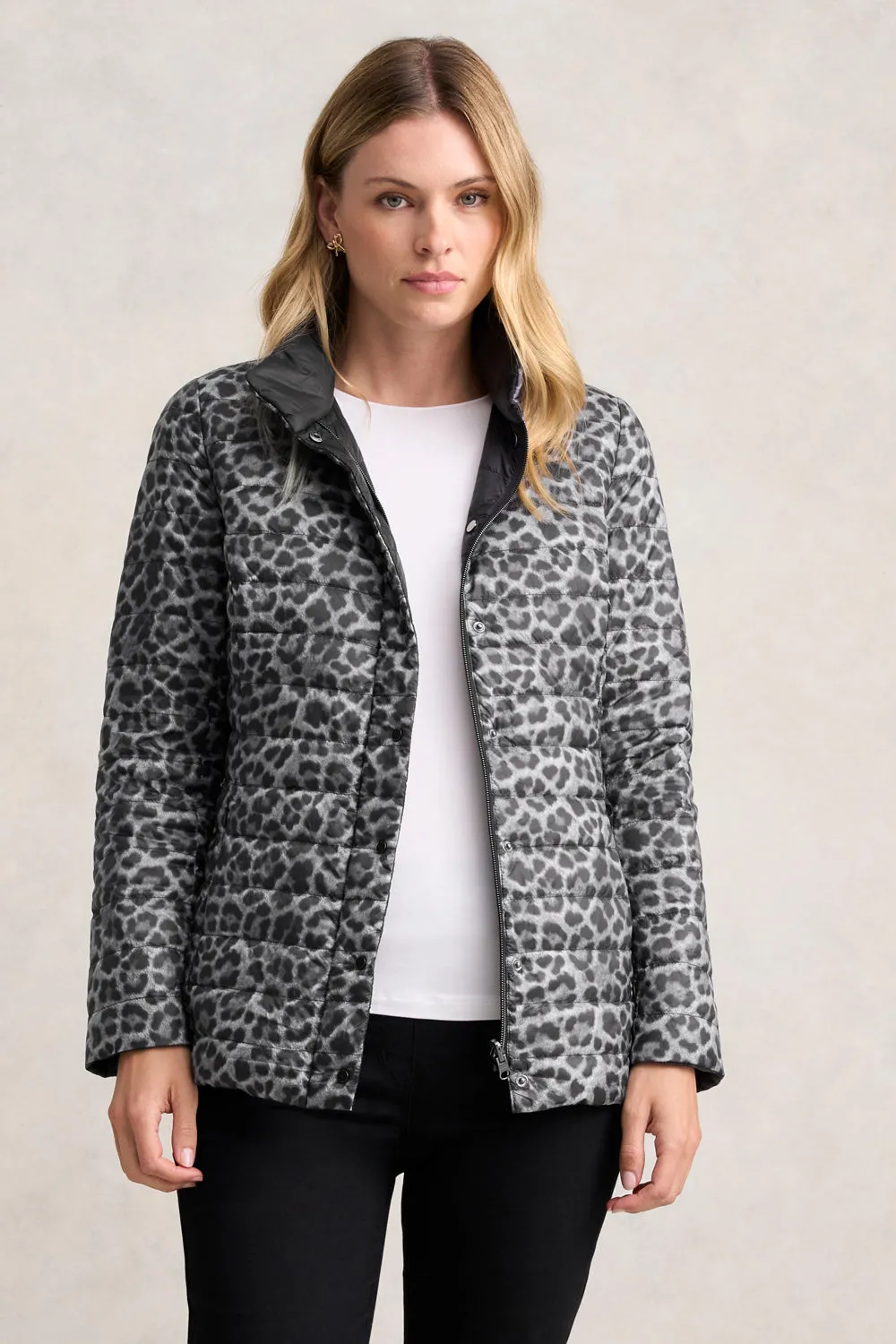 Reversible Puffer Jacket - Black Leopard Adjustable Hemline