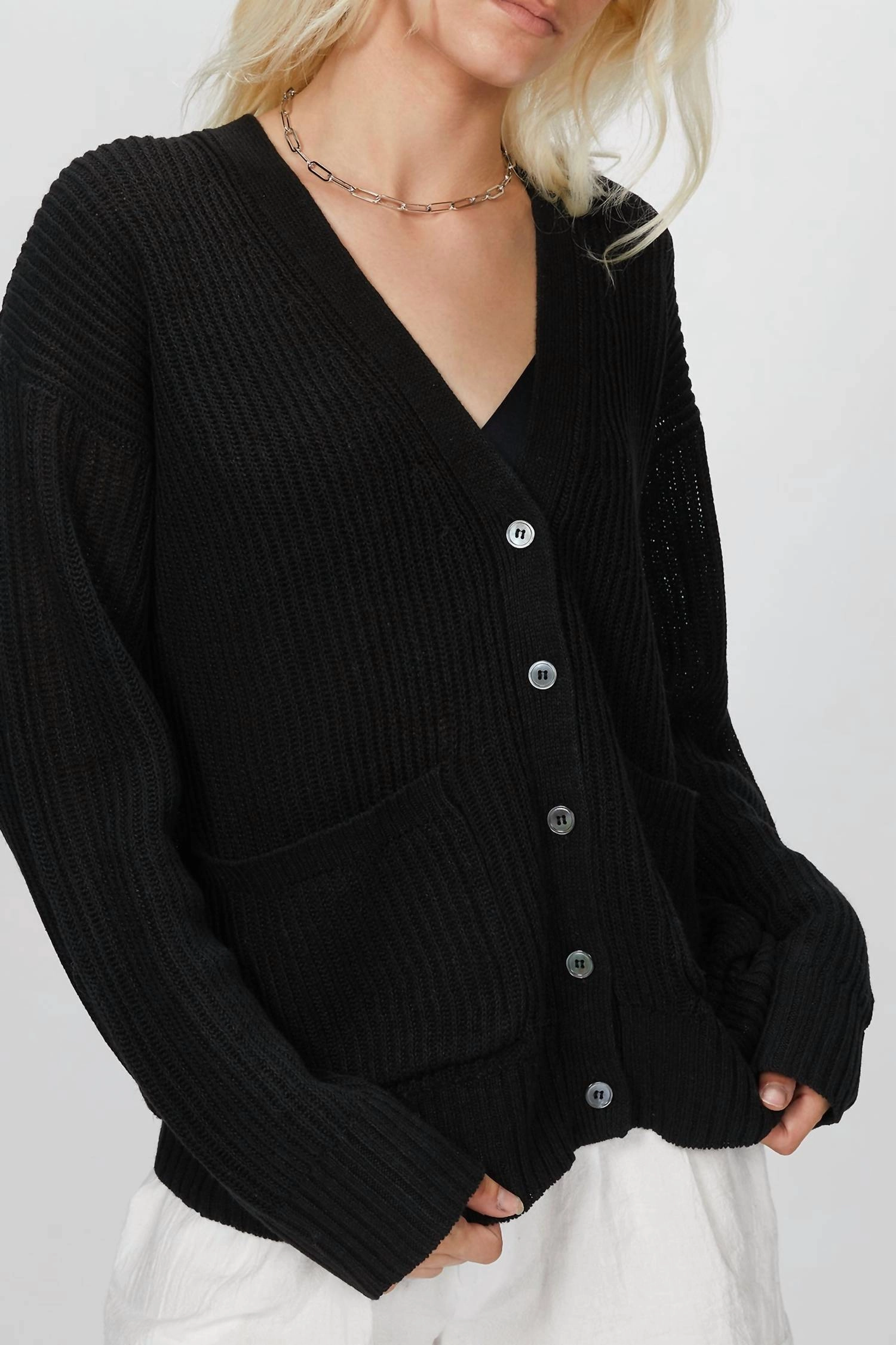 Ribbed Kurt Cardigan In Black Curved Hemline Anti Static Finish