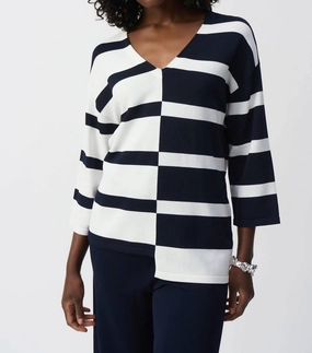 Perfect Comfort Flexible Design Striped Sweater Knit V-Neck Pullover In Black White