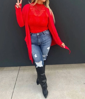 Ribbed Open Cardigan In Red Fine Gauge Knit