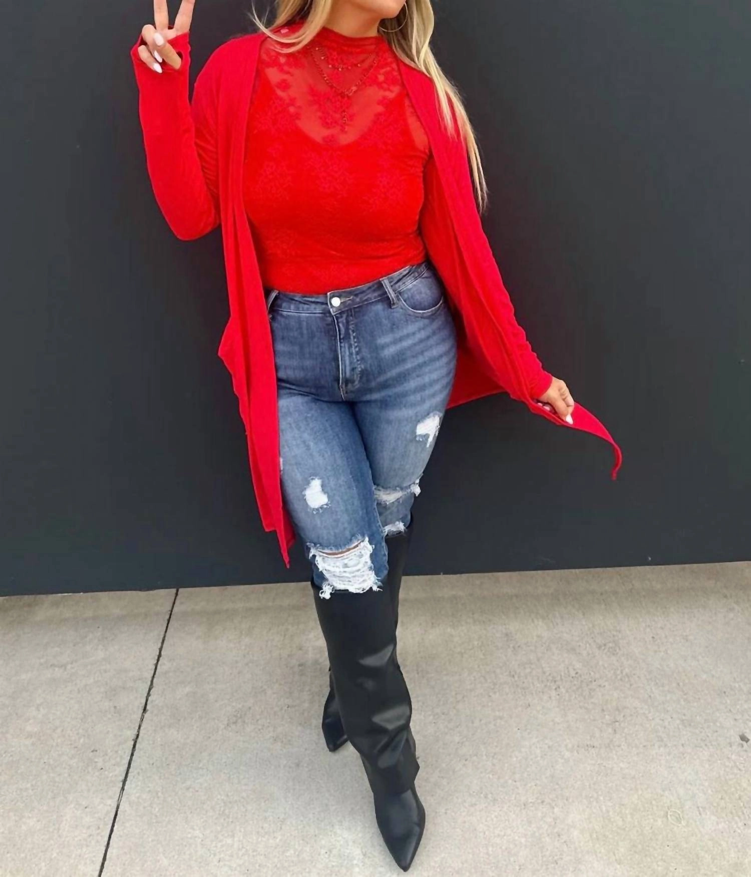 Ribbed Open Cardigan In Red Casual Layering Wrinkle Resistant Knit
