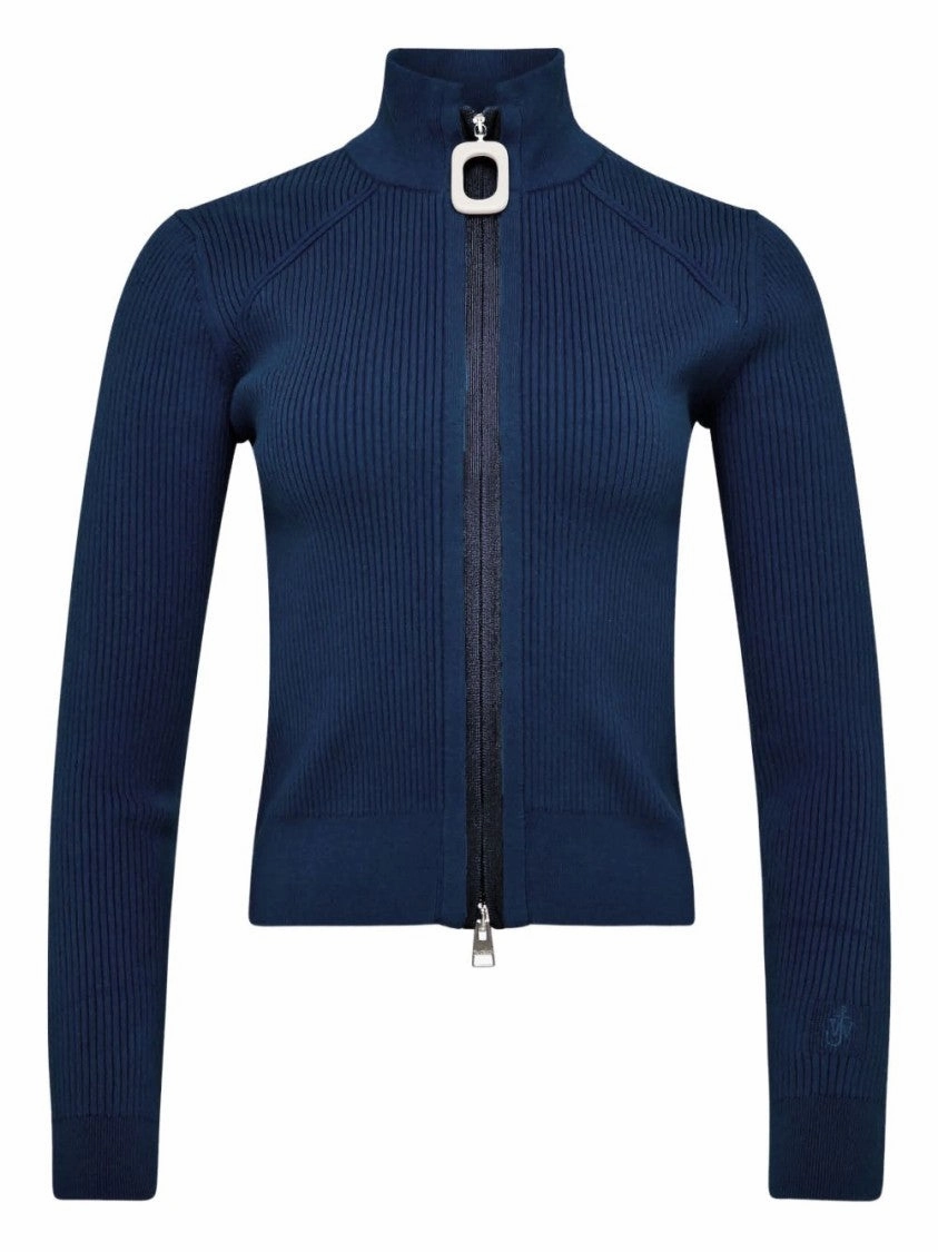 Ribbed Steel Blue Sweater With High Neck Softened Edges