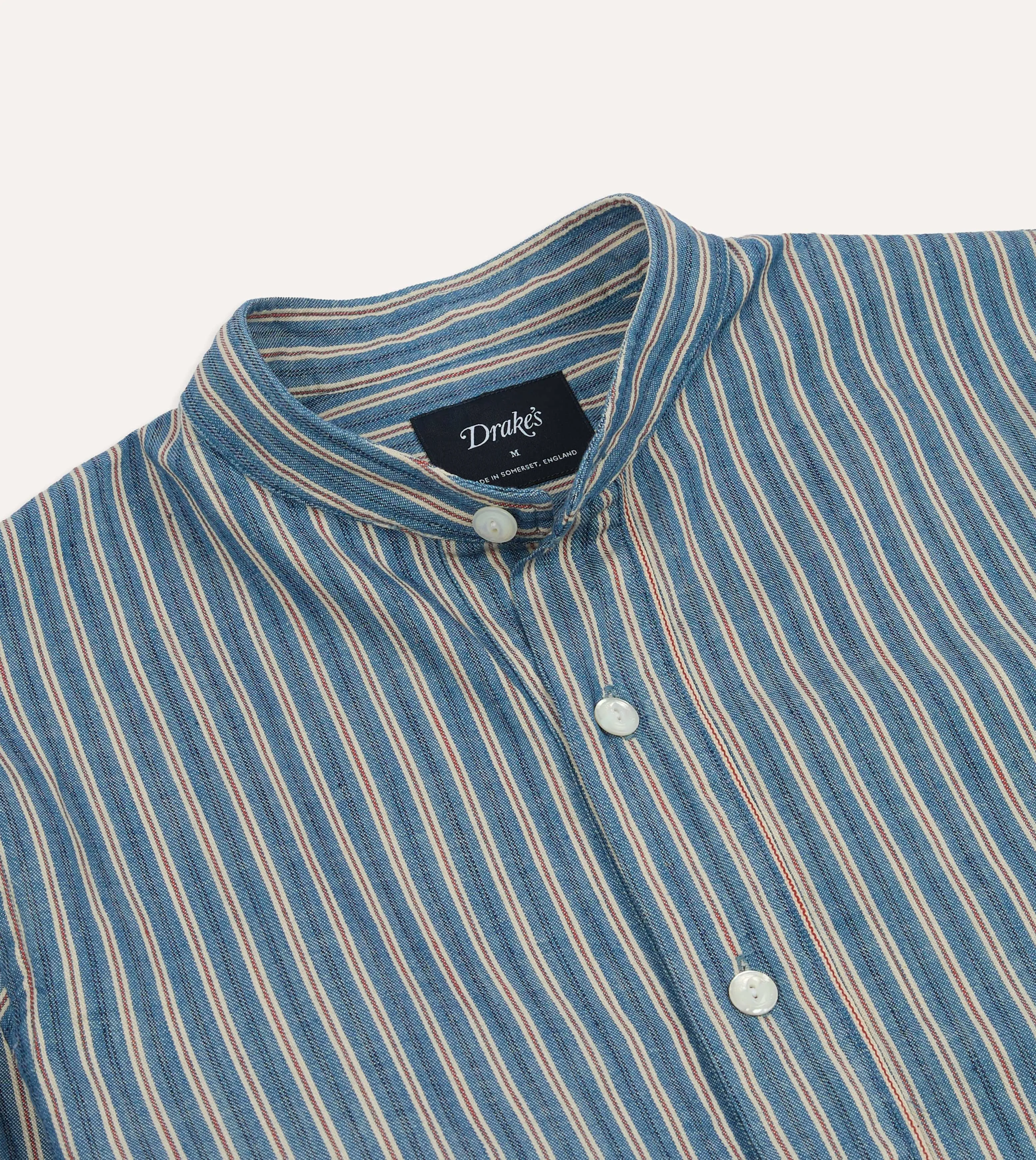 Unisex Design Indigo Stripe Cotton Mandarin Collar Popover Shirt