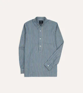 Indigo Stripe Cotton Mandarin Collar Popover Shirt Moisture Wicking Layer