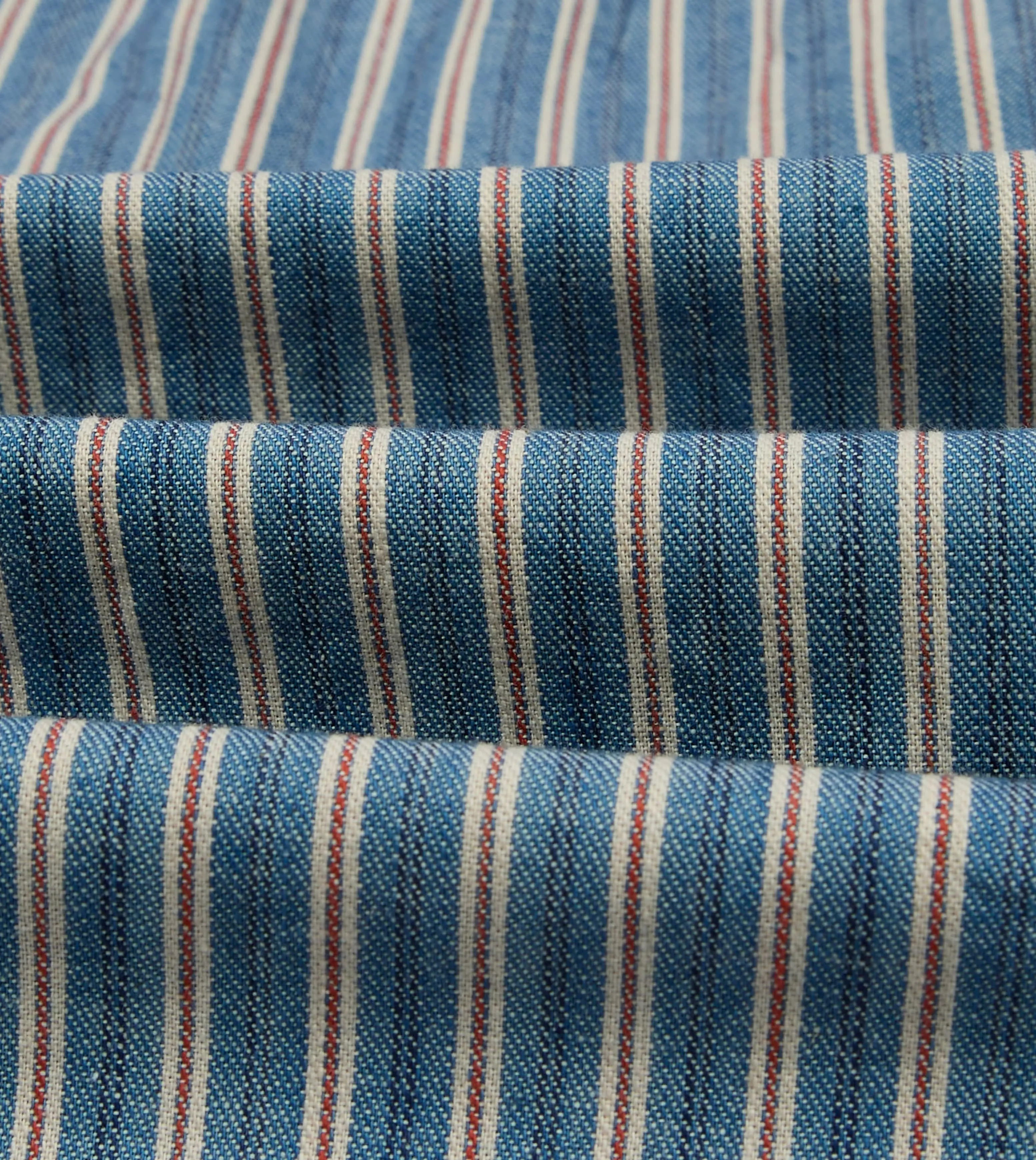 Indigo Stripe Cotton Mandarin Collar Popover Shirt Non Iron Fabric