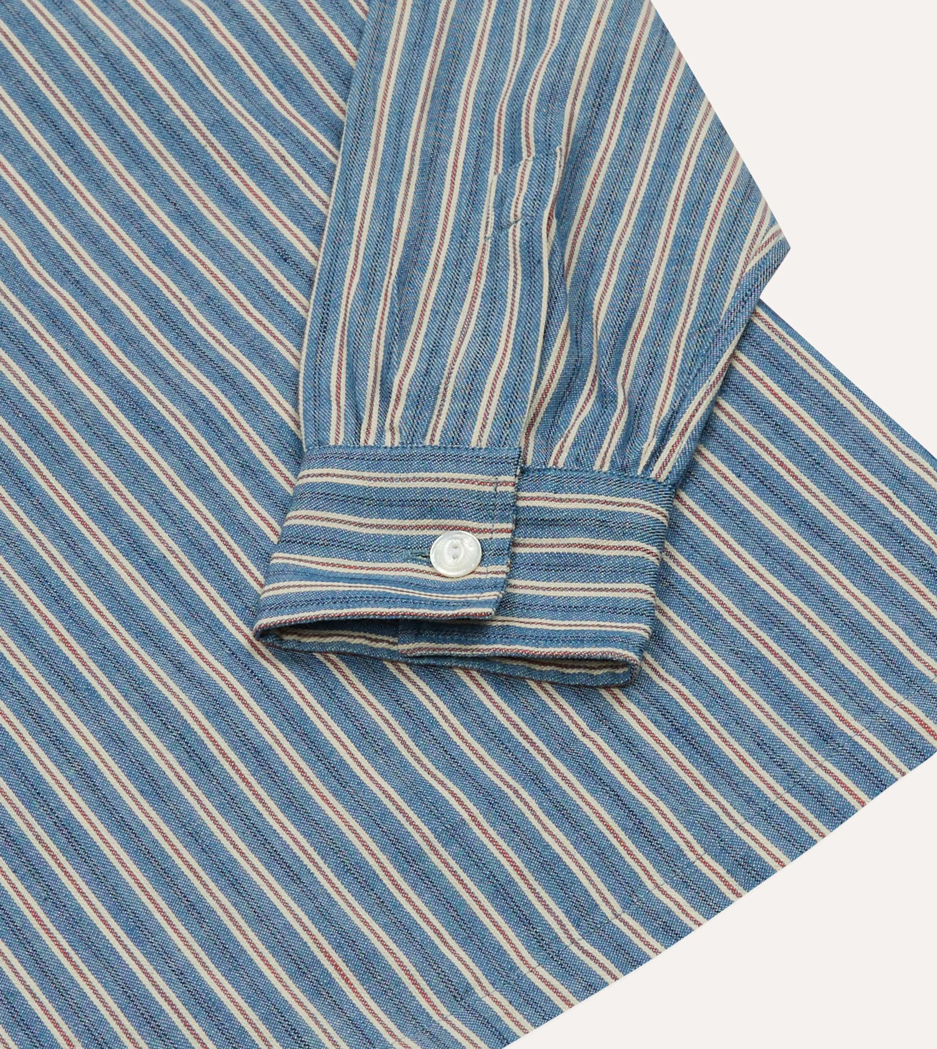 Retro Vibe Indigo Stripe Cotton Mandarin Collar Popover Shirt