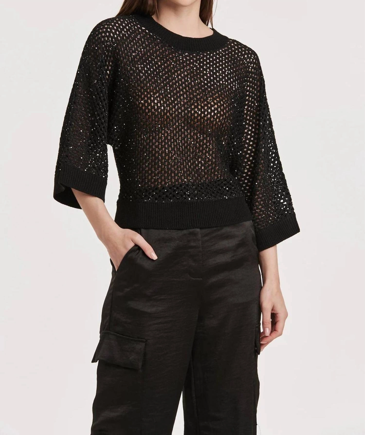 Comfy Layer Flex Knit Ribbing Rosalia Dolman Sleeve Sequin Sweater In Black